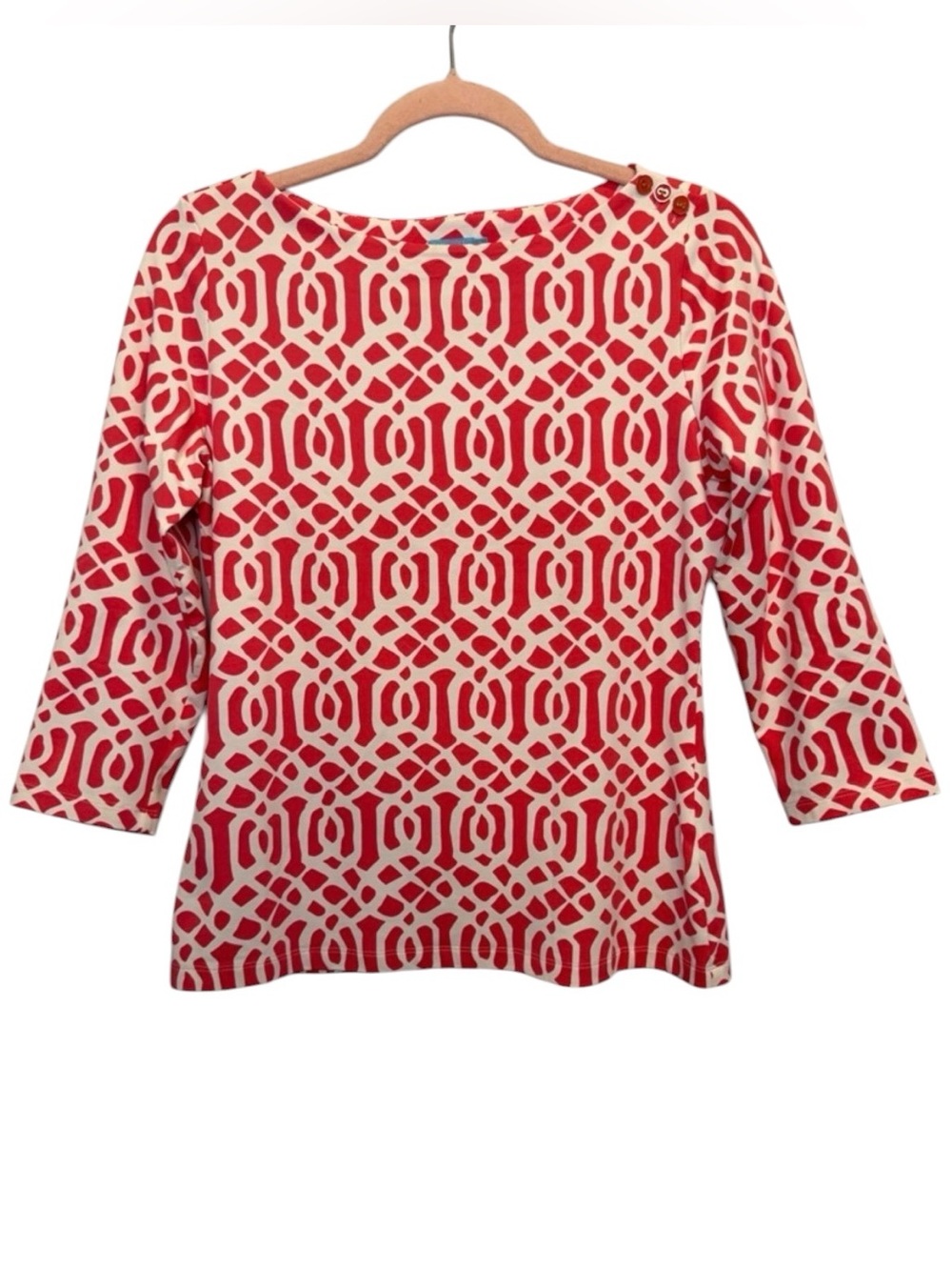 J. McLaughlin Wavesong Tee Coral White Geometric Lattice Boatneck Top Preppy S